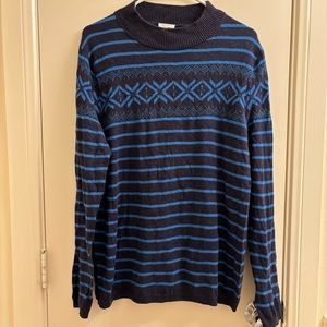 Talbots Sweater Size XL Cotton Blend Nordic Fair Isle Striped Blue Black Sweater